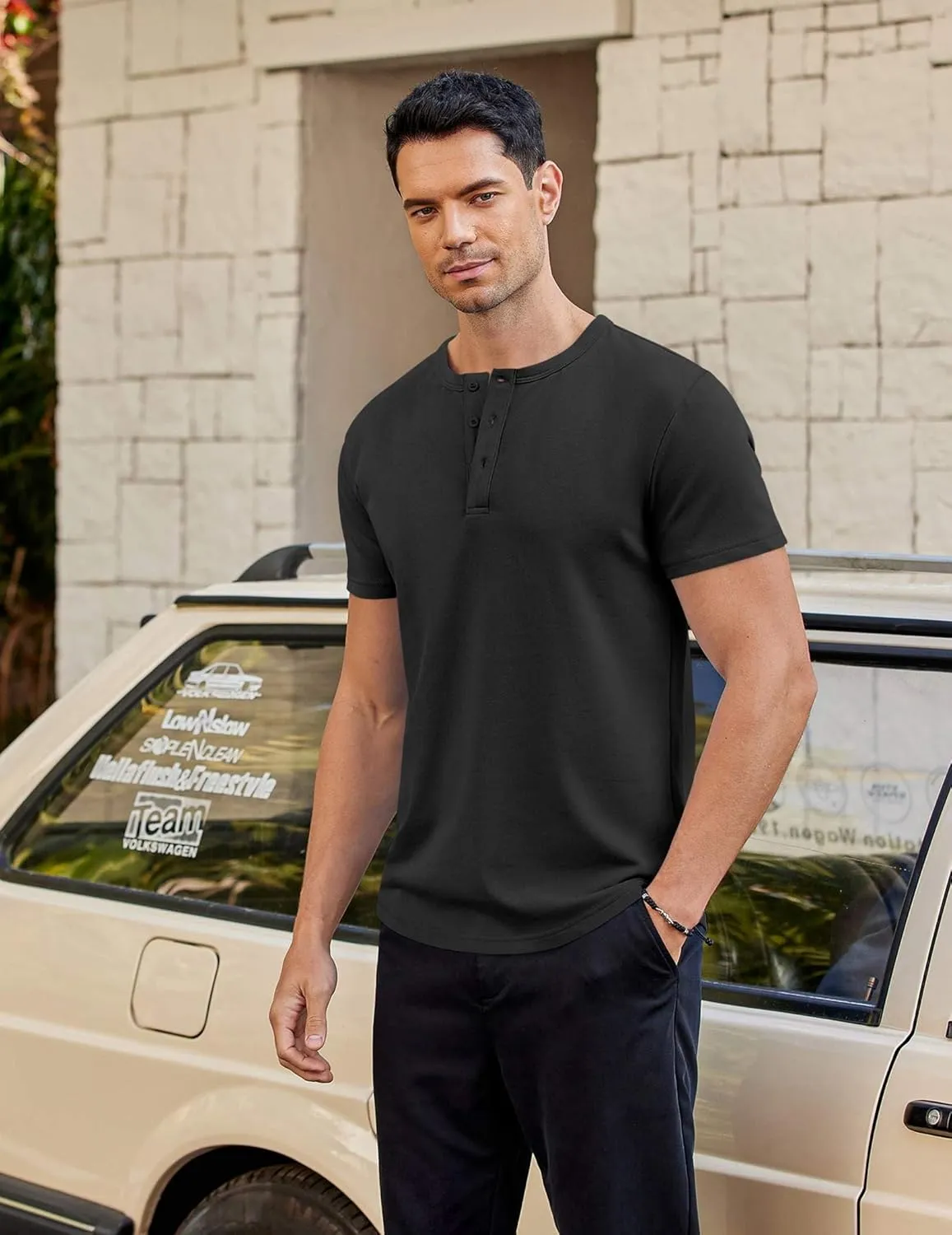 COOFANDY Men's Casual Henley T-Shirts Summer Short Sleeve Cotton Shirts Basic Button Tee Tops