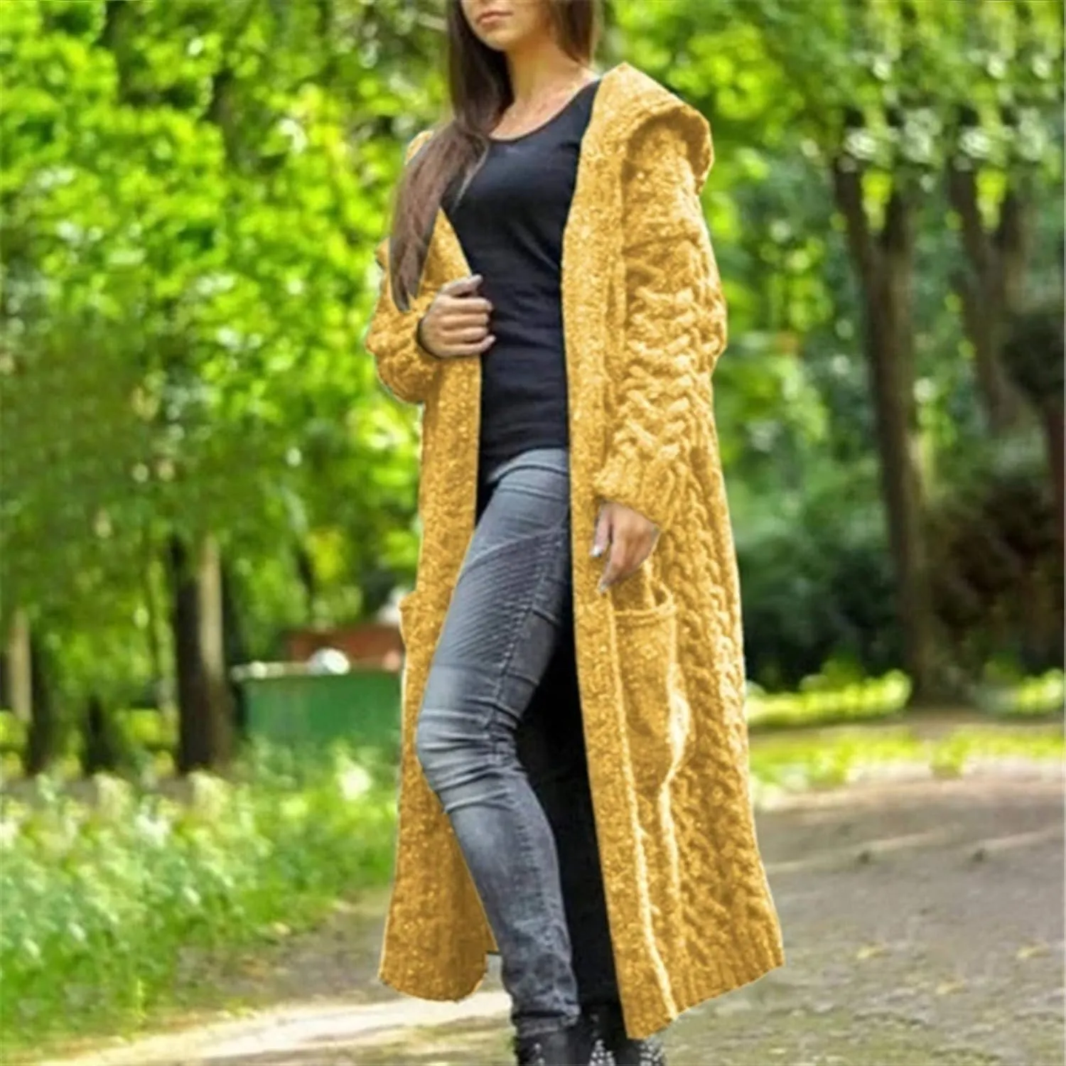 Corduroy Jacket Women Oversized Baggy Knit Sweater Tops Long Sleeve Hooded Cardigan Coat with Pockets