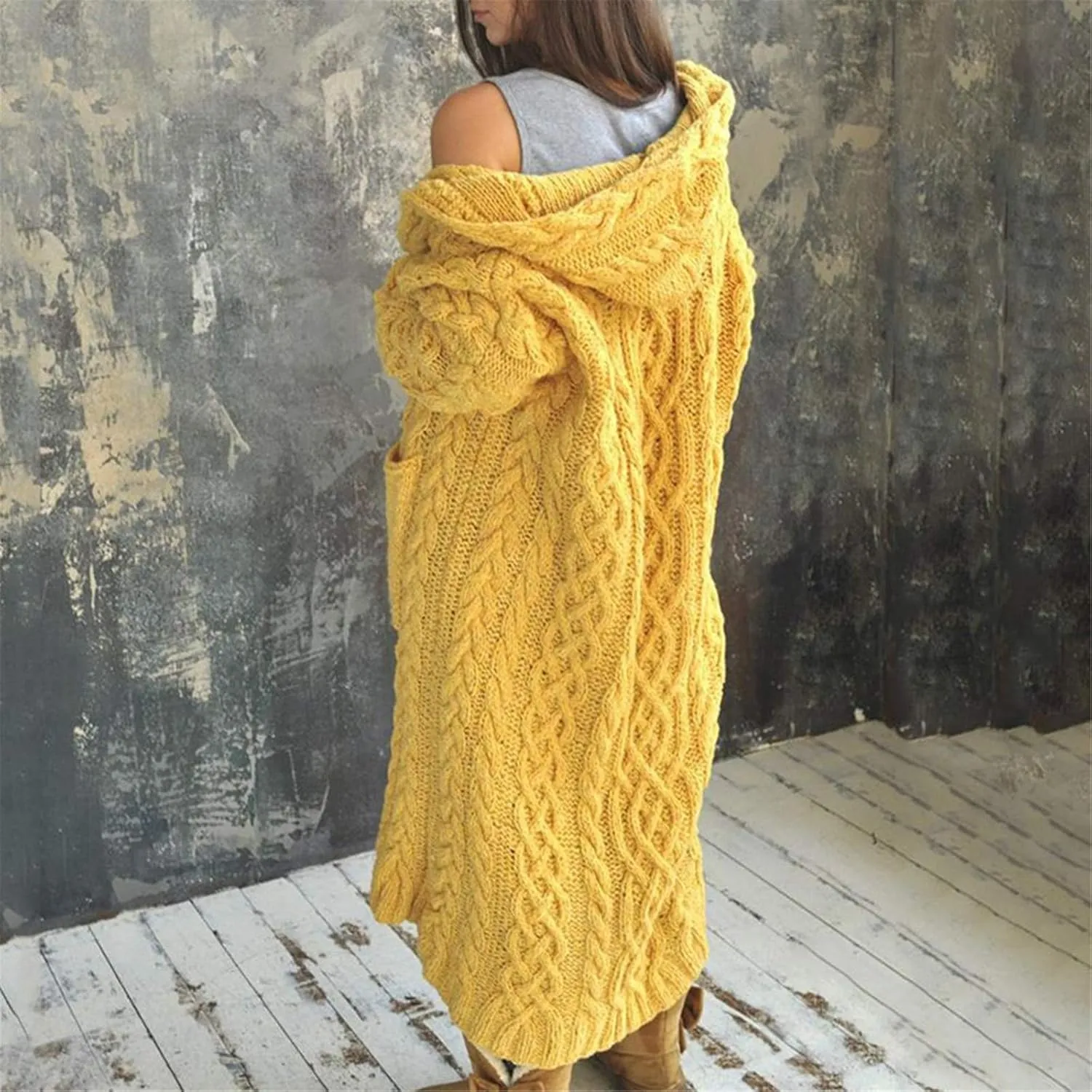 Corduroy Jacket Women Oversized Baggy Knit Sweater Tops Long Sleeve Hooded Cardigan Coat with Pockets
