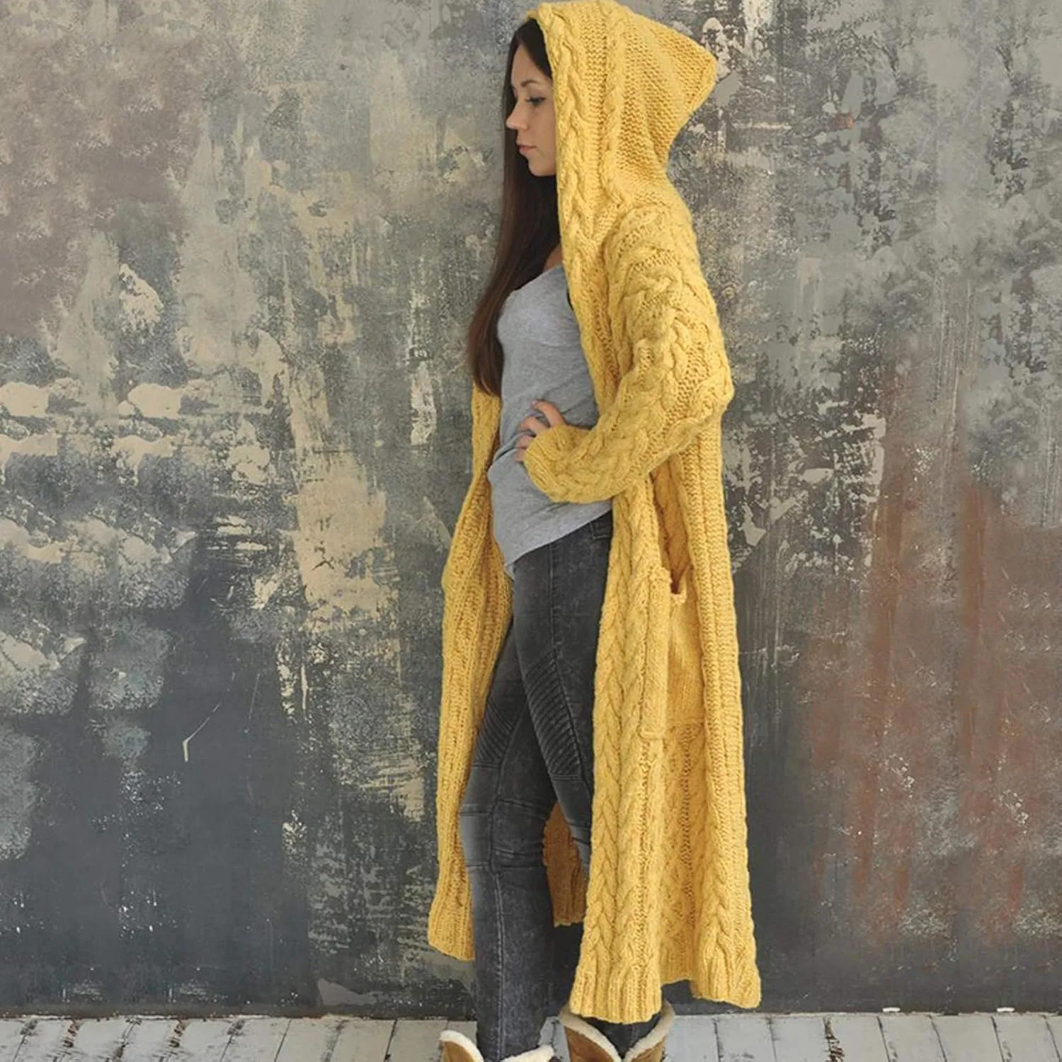 Corduroy Jacket Women Oversized Baggy Knit Sweater Tops Long Sleeve Hooded Cardigan Coat with Pockets