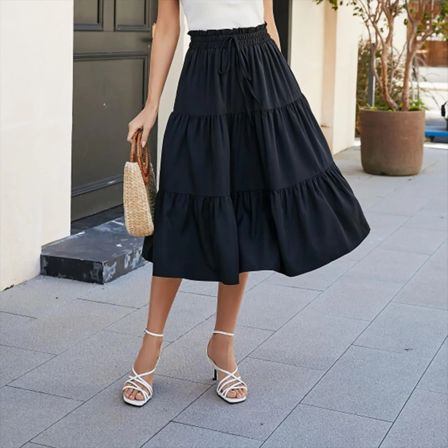 COTECRAM Womens Boho Floral Print Skirt Trendy Pleated A-Line Skirts Casual Flowy Swing Midi Skirts Beach Vacation Clothes