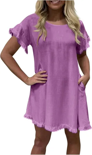 Cotton Linen Dress for Women Short Sleeve Crewneck Mini Dresses for Summer Solid Color Shift Dress with Pockets