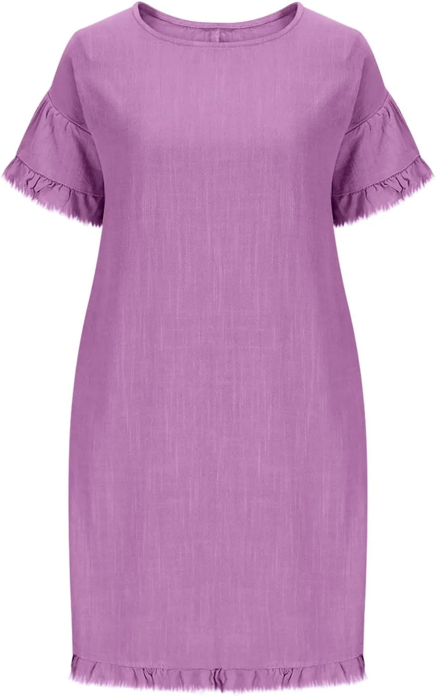 Cotton Linen Dress for Women Short Sleeve Crewneck Mini Dresses for Summer Solid Color Shift Dress with Pockets