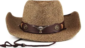 Cowboy Hat for Men and Women - Classic Style Shapeable Wide Brim Straw Western Cowgirl Sun-Hat Coffee