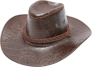 Cowboy Hat Men and Women Western Faux Leather Belt Breathable Holes Pinch Front Retro Patterned Wide Brim Glant Hat