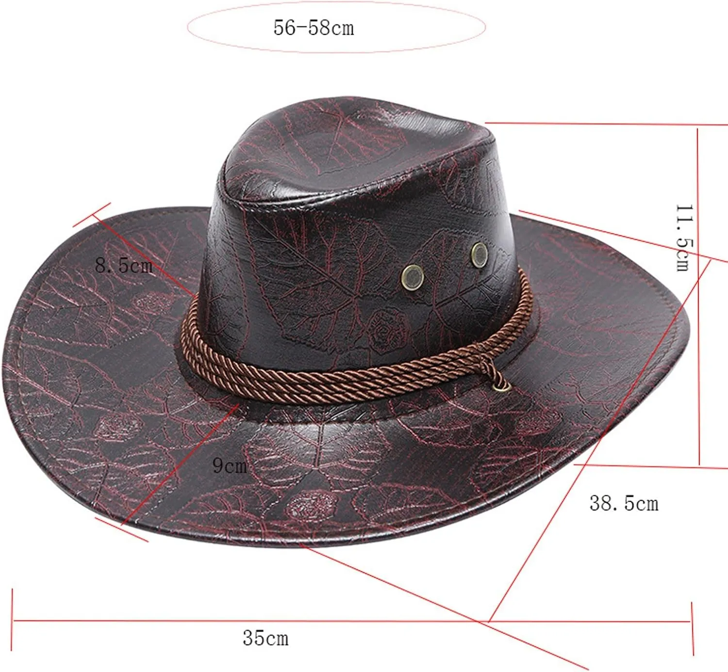 Cowboy Hat Men and Women Western Faux Leather Belt Breathable Holes Pinch Front Retro Patterned Wide Brim Glant Hat