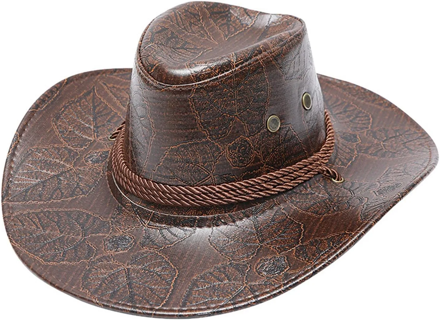 Cowboy Hat Men and Women Western Faux Leather Belt Breathable Holes Pinch Front Retro Patterned Wide Brim Glant Hat