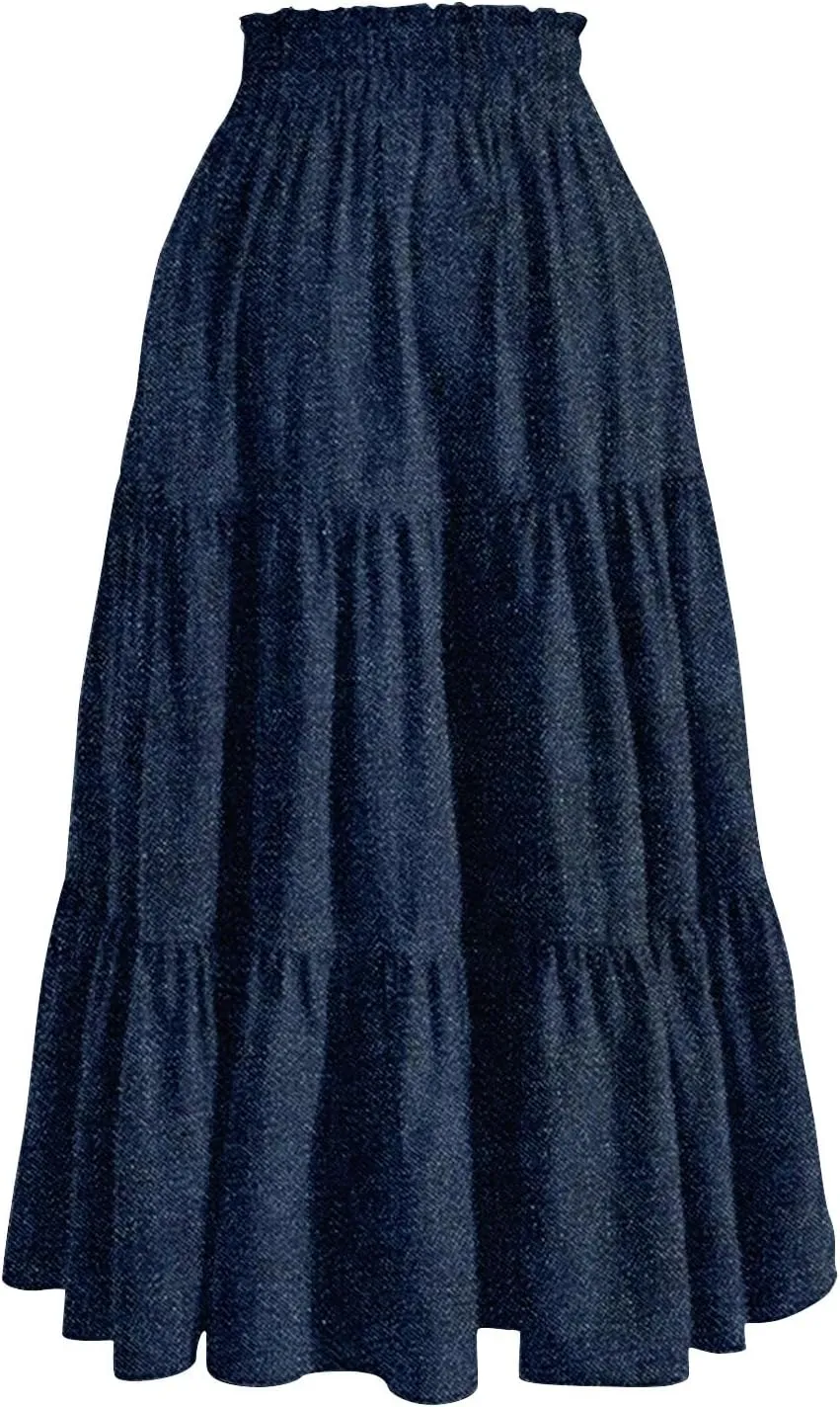 Denim Dress for Women, Summer Retro Elastic High Waist Tie Frayed A-Line Maxi Denim Skirt with Pockets