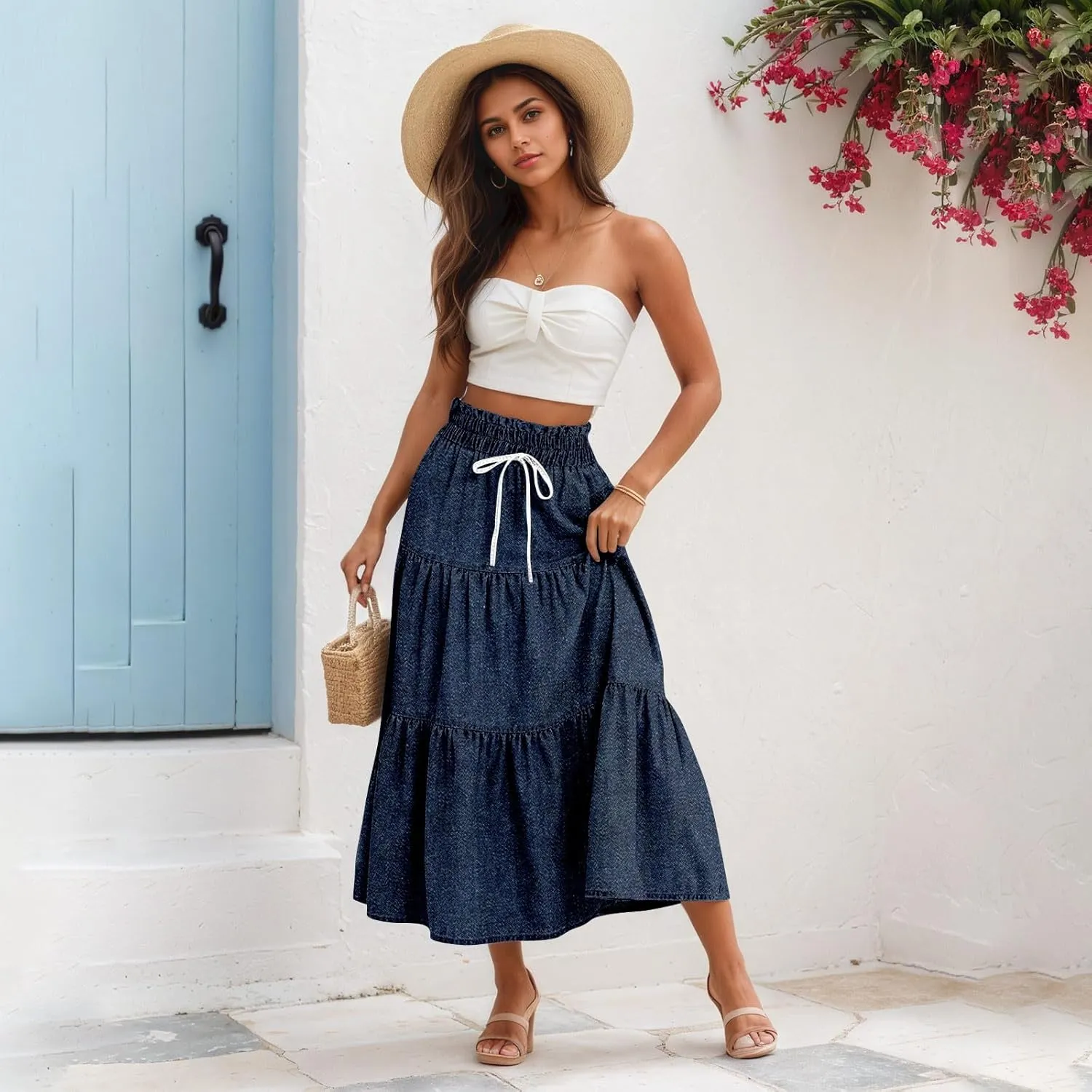 Denim Dress for Women, Summer Retro Elastic High Waist Tie Frayed A-Line Maxi Denim Skirt with Pockets