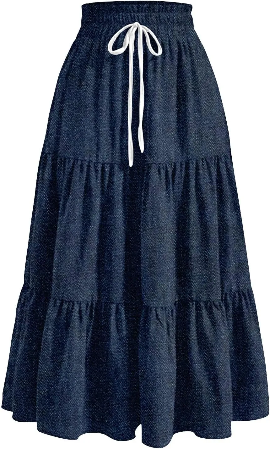 Denim Dress for Women, Summer Retro Elastic High Waist Tie Frayed A-Line Maxi Denim Skirt with Pockets