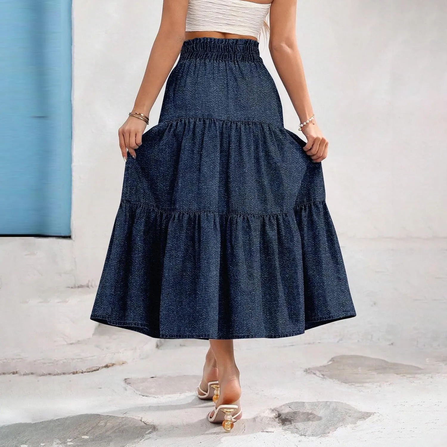 Denim Dress for Women, Summer Retro Elastic High Waist Tie Frayed A-Line Maxi Denim Skirt with Pockets