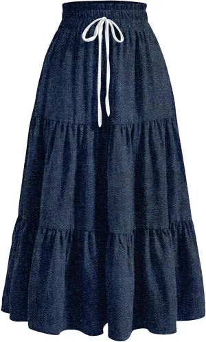 Denim Dress for Women, Summer Retro Elastic High Waist Tie Frayed A-Line Maxi Denim Skirt with Pockets