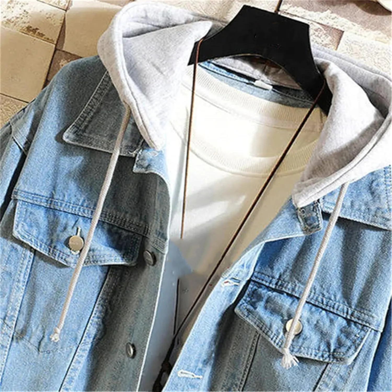 Denim Jacket Men Hooded Casual Jean Jackets Streetwear Solid Color Turn Down Collar Denim Coats