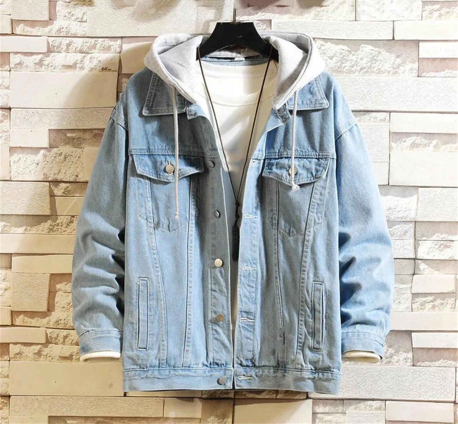Denim Jacket Men Hooded Casual Jean Jackets Streetwear Solid Color Turn Down Collar Denim Coats