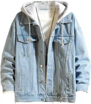 Denim Jacket Men Hooded Casual Jean Jackets Streetwear Solid Color Turn Down Collar Denim Coats