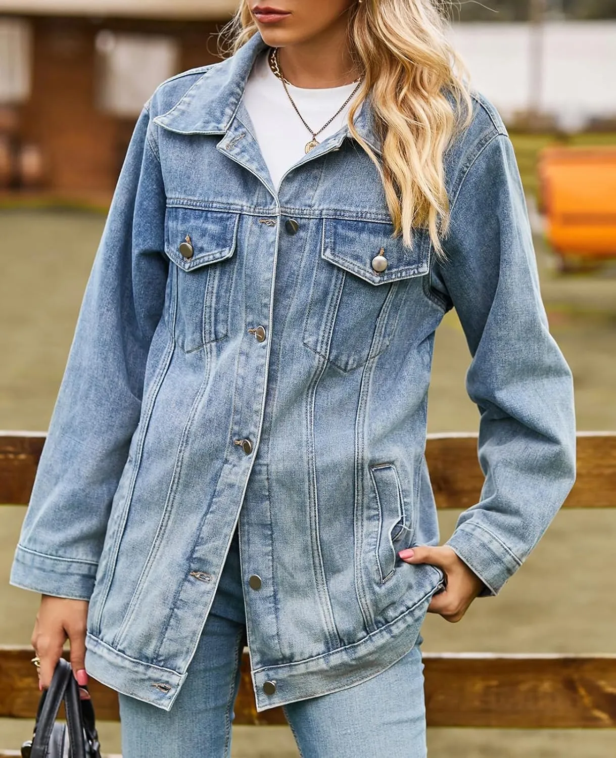 Denim Jackets for Women Long Sleeve Oversized Button Up Denim Coat Casual Jean Jacket Coat with Pockets