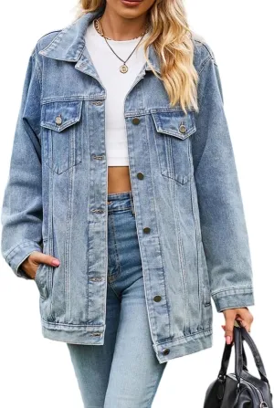 Denim Jackets for Women Long Sleeve Oversized Button Up Denim Coat Casual Jean Jacket Coat with Pockets