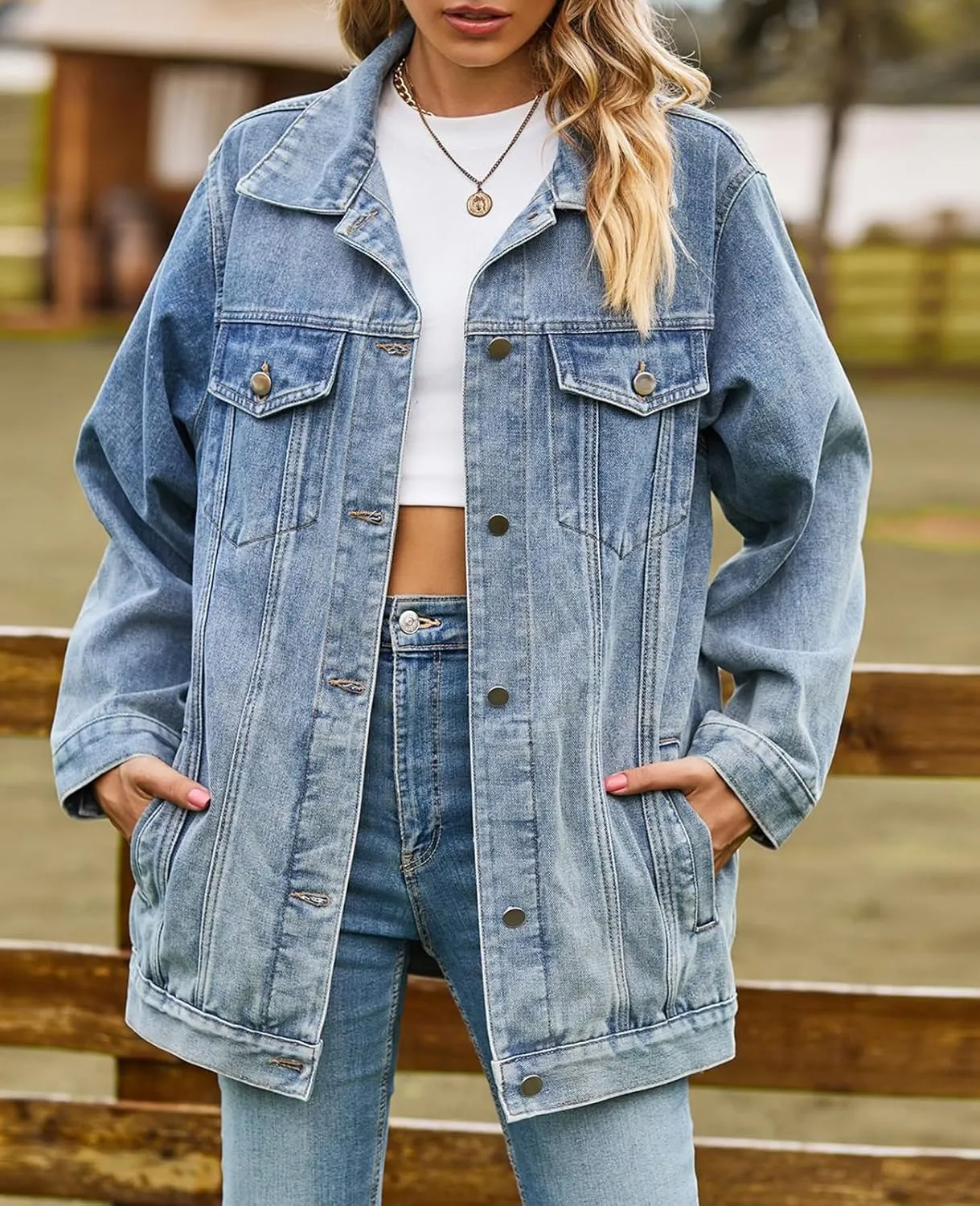 Denim Jackets for Women Long Sleeve Oversized Button Up Denim Coat Casual Jean Jacket Coat with Pockets