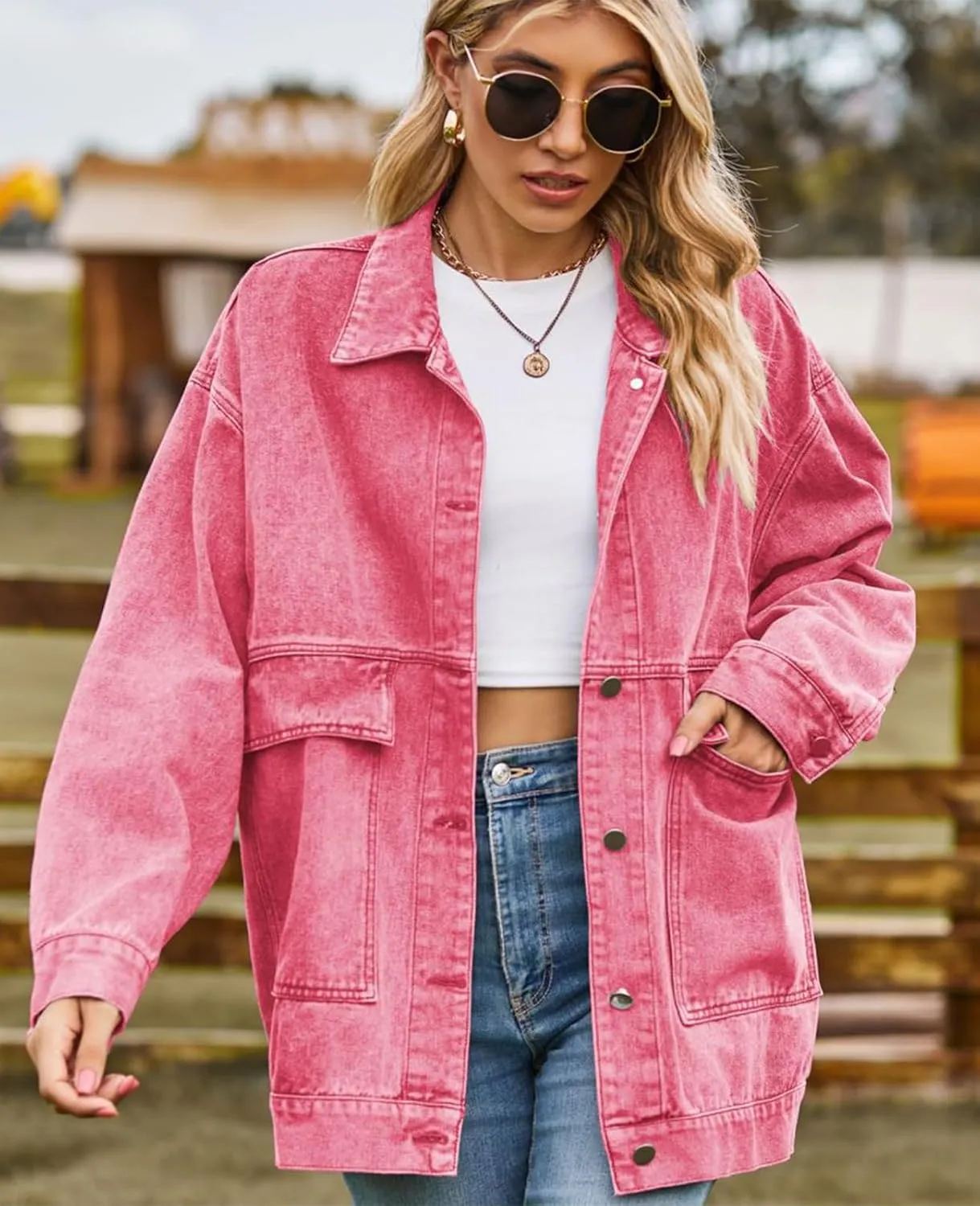 Denim Jackets for Women Long Sleeve Oversized Button Up Denim Coat Casual Jean Jacket Coat with Pockets