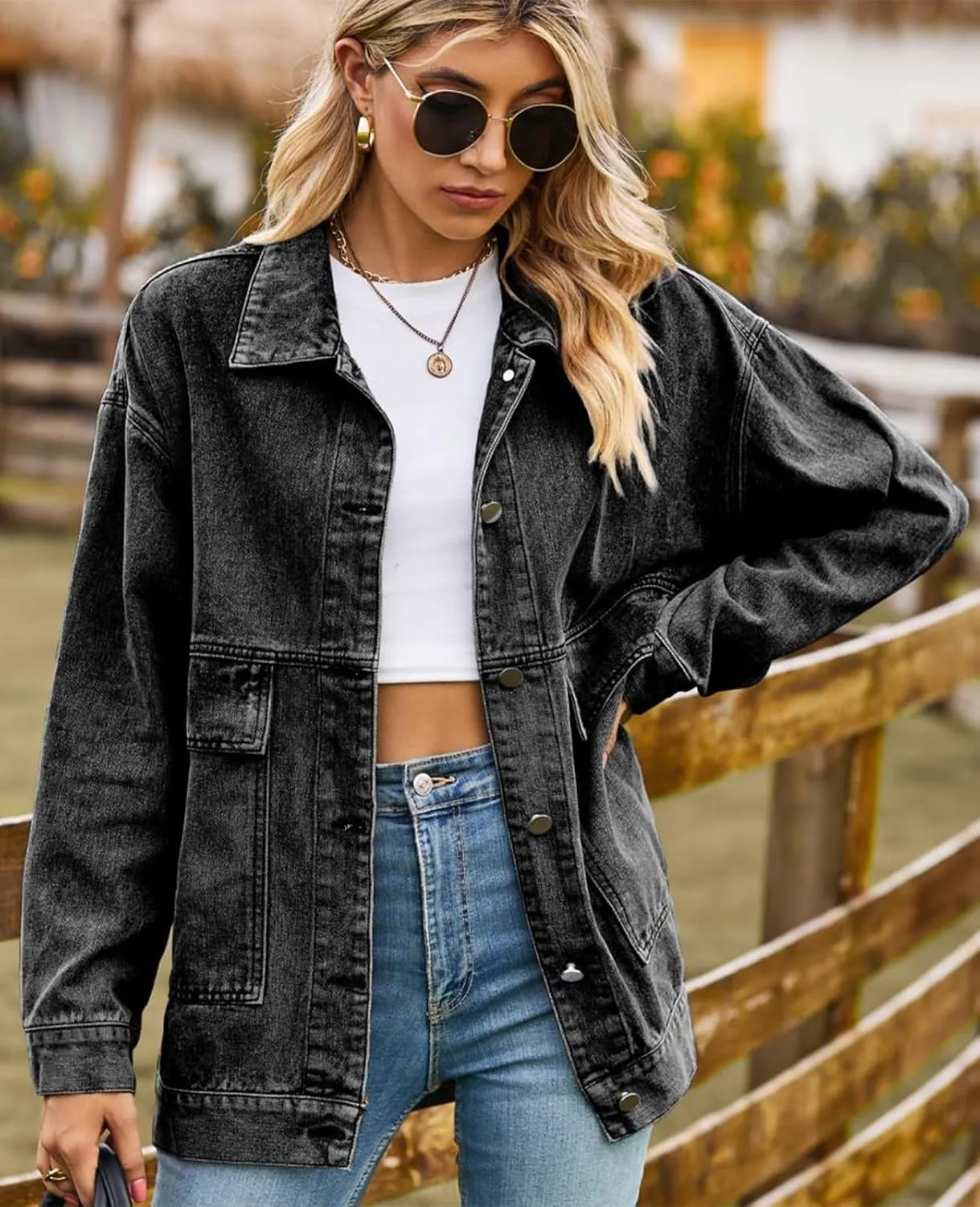 Denim Jackets for Women Long Sleeve Oversized Button Up Denim Coat Casual Jean Jacket Coat with Pockets