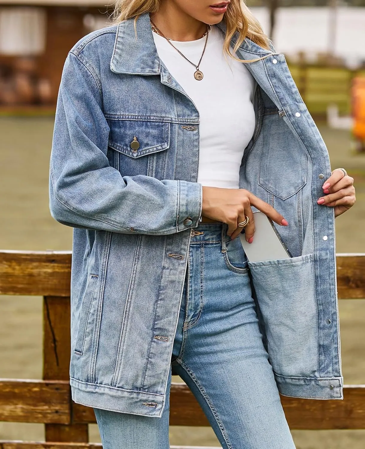 Denim Jackets for Women Long Sleeve Oversized Button Up Denim Coat Casual Jean Jacket Coat with Pockets