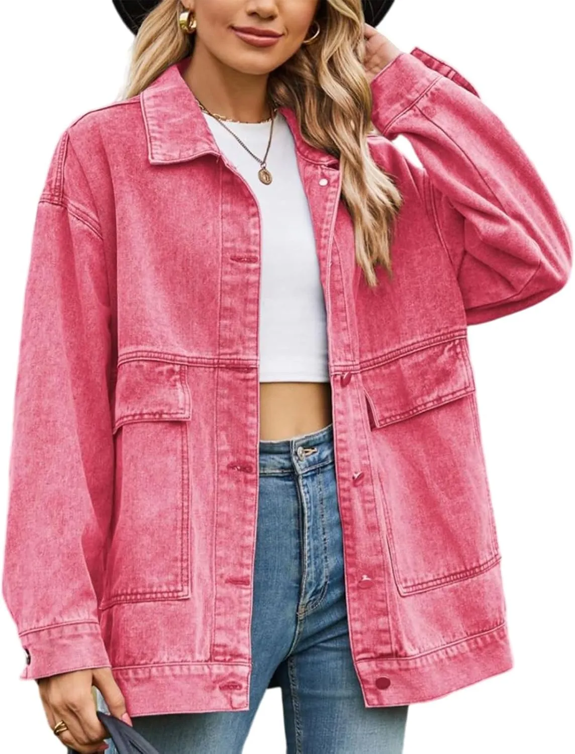 Denim Jackets for Women Long Sleeve Oversized Button Up Denim Coat Casual Jean Jacket Coat with Pockets