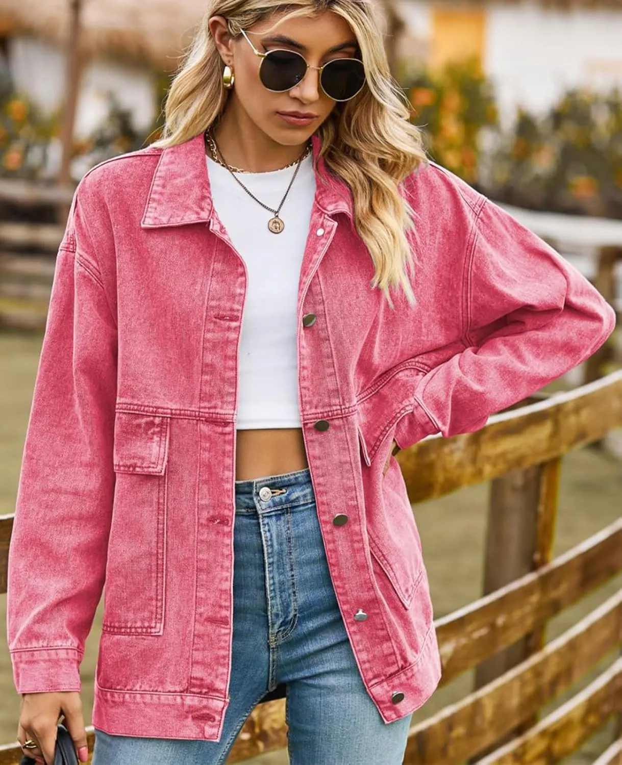 Denim Jackets for Women Long Sleeve Oversized Button Up Denim Coat Casual Jean Jacket Coat with Pockets