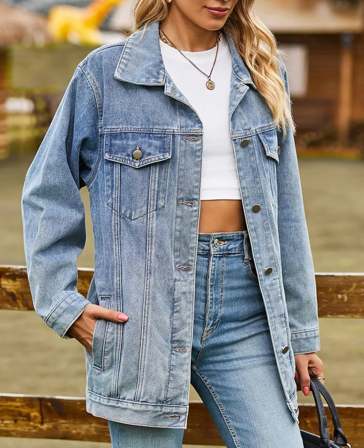 Denim Jackets for Women Long Sleeve Oversized Button Up Denim Coat Casual Jean Jacket Coat with Pockets
