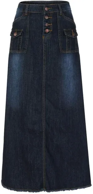 Denim Maxi Straight Long Maxi Denim Pocket Waist Button Womens Fashion Skirts Front Skirt Black Long Skirt for