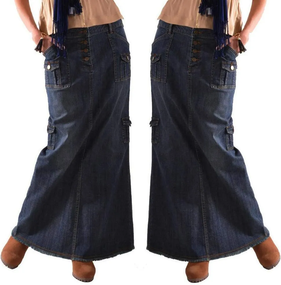 Denim Maxi Straight Long Maxi Denim Pocket Waist Button Womens Fashion Skirts Front Skirt Black Long Skirt for