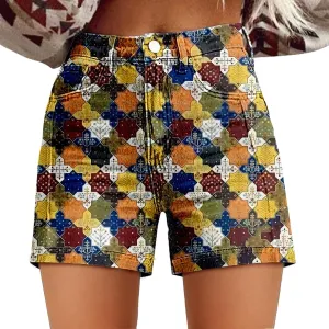 Denim Shorts for Women Vintage Boho Floral Print Denim Jeans Casual High Waist Slim Bermuda Short Retro Y2K Streetwear