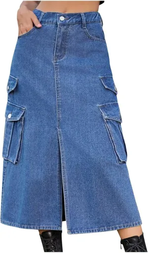 Denim Skirt for Women Flap Pockets A-Line Jean Skirts Front Slit Slim Pencil Denim Skirts Casual Bodycon Skirt Y2k