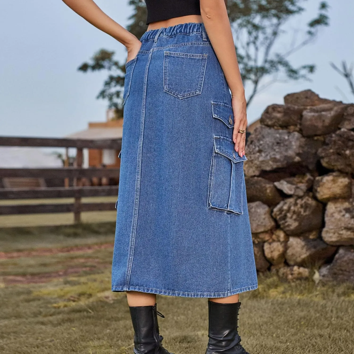 Denim Skirt for Women Flap Pockets A-Line Jean Skirts Front Slit Slim Pencil Denim Skirts Casual Bodycon Skirt Y2k