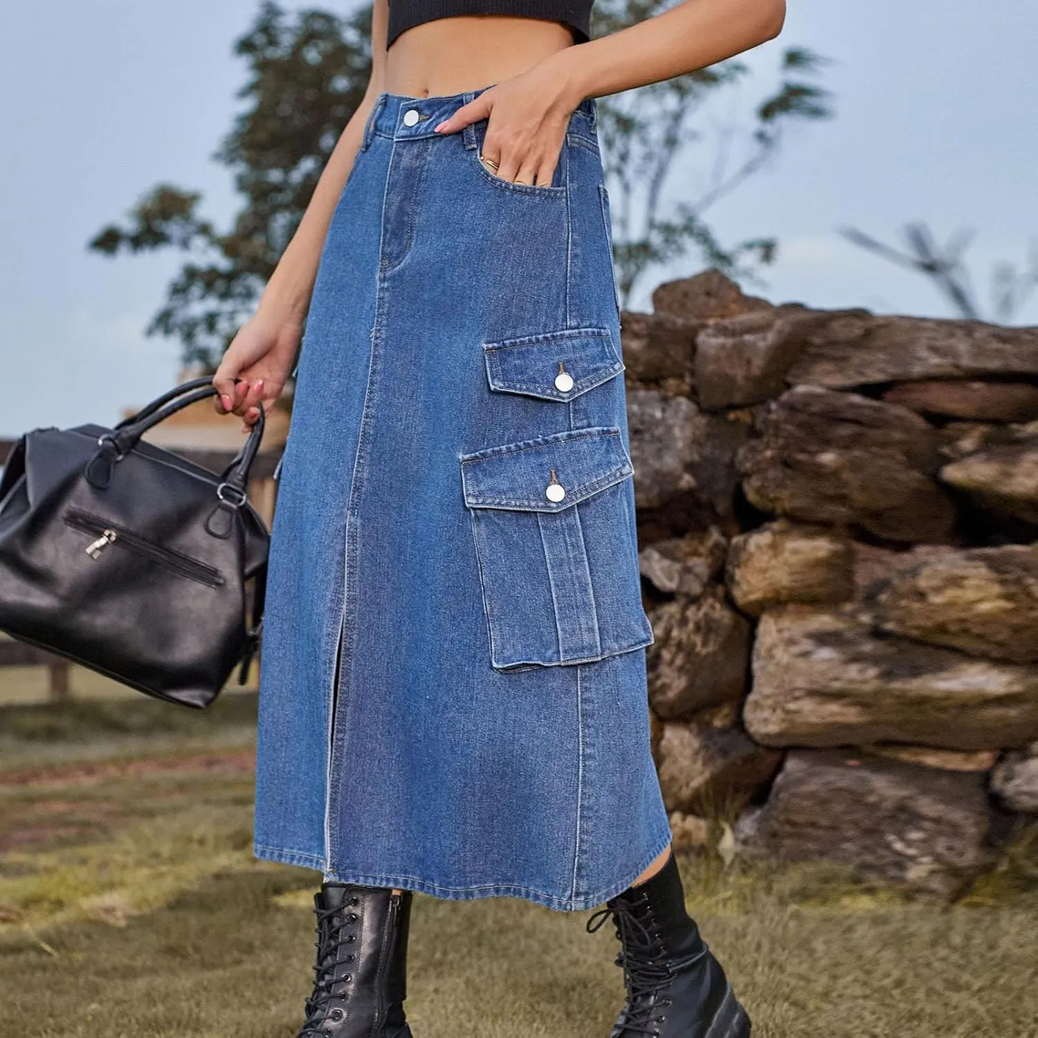Denim Skirt for Women Flap Pockets A-Line Jean Skirts Front Slit Slim Pencil Denim Skirts Casual Bodycon Skirt Y2k