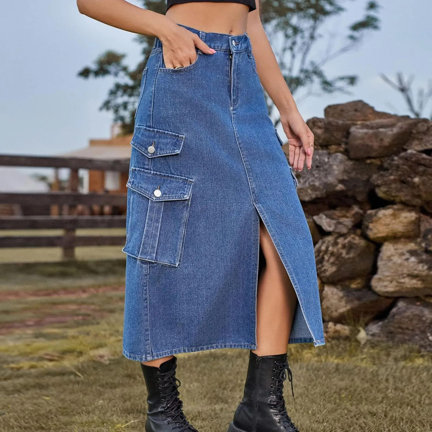 Denim Skirt for Women Flap Pockets A-Line Jean Skirts Front Slit Slim Pencil Denim Skirts Casual Bodycon Skirt Y2k