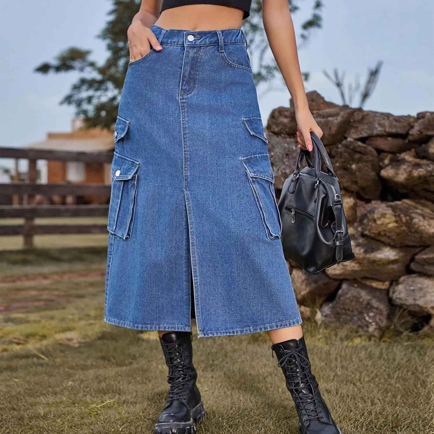 Denim Skirt for Women Flap Pockets A-Line Jean Skirts Front Slit Slim Pencil Denim Skirts Casual Bodycon Skirt Y2k