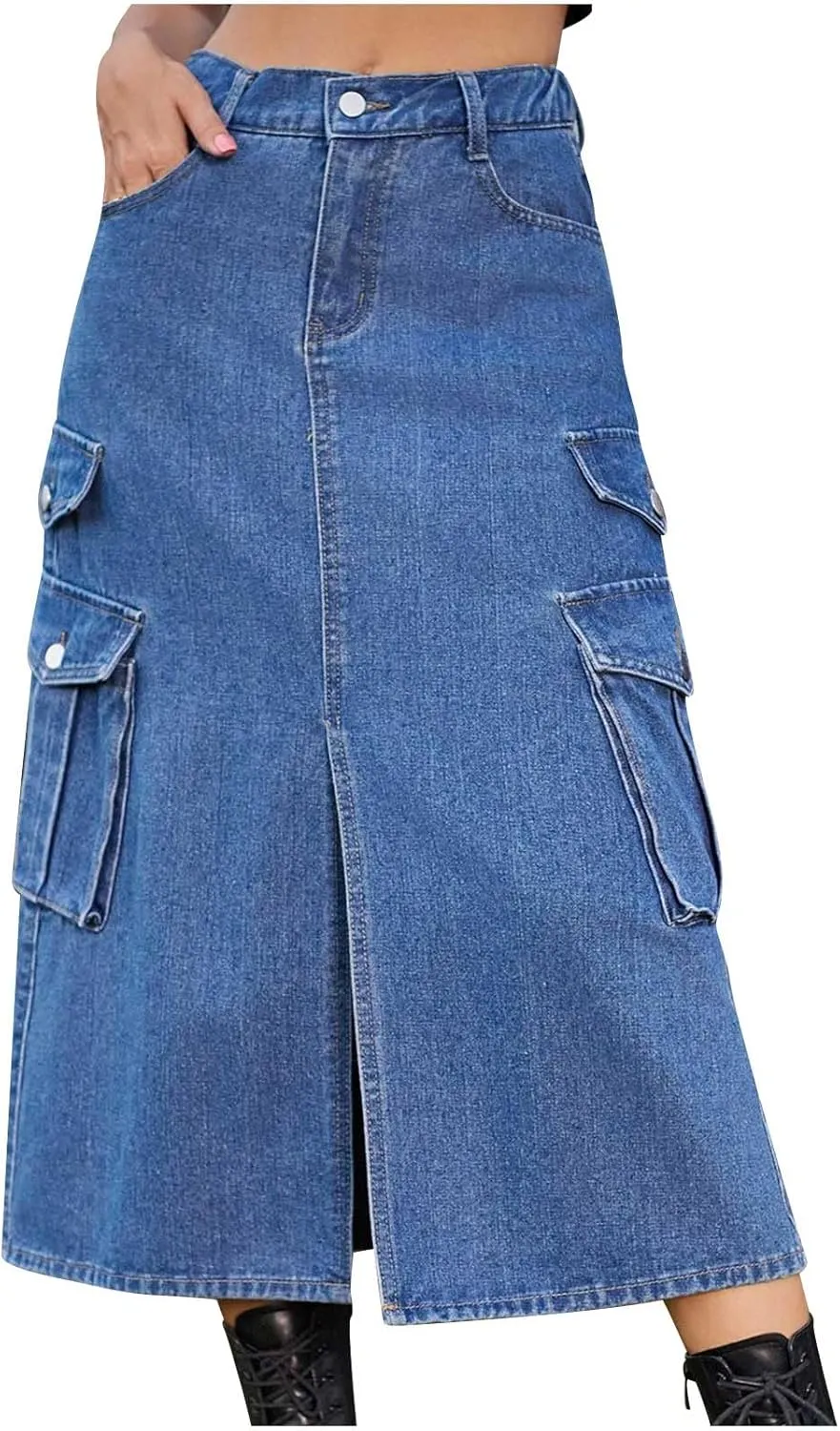 Denim Skirt for Women Flap Pockets A-Line Jean Skirts Front Slit Slim Pencil Denim Skirts Casual Bodycon Skirt Y2k