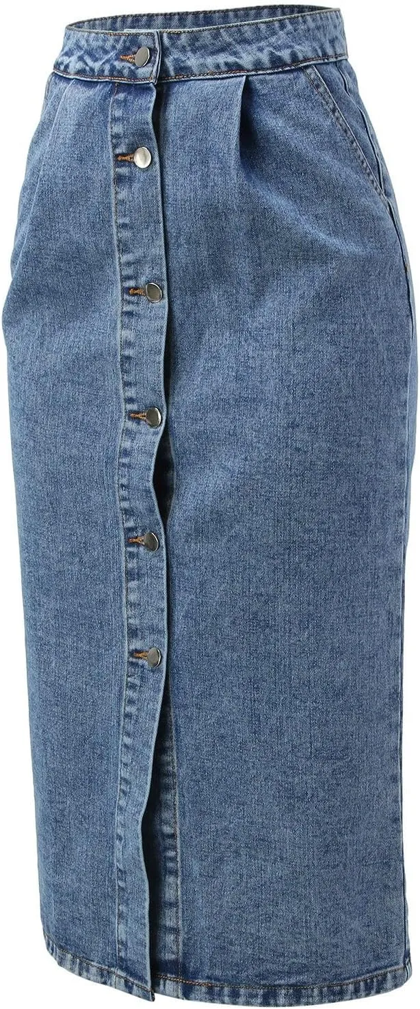 Denim Skirt for Women Slit High Waist Front Button Slim Stretchy Workout Casual Jean Midi Skirts for Summer Trendy