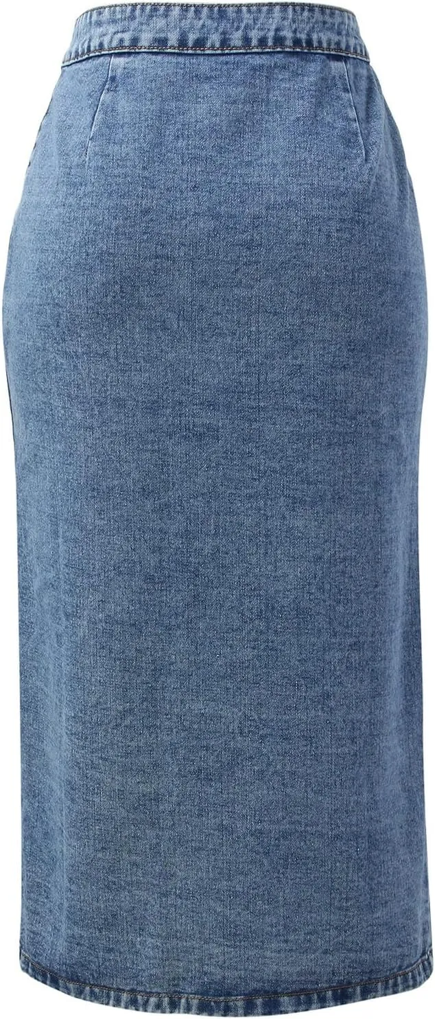 Denim Skirt for Women Slit High Waist Front Button Slim Stretchy Workout Casual Jean Midi Skirts for Summer Trendy