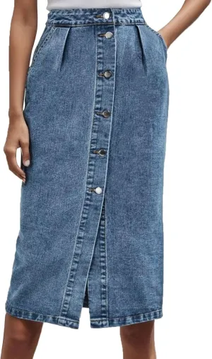 Denim Skirt for Women Slit High Waist Front Button Slim Stretchy Workout Casual Jean Midi Skirts for Summer Trendy