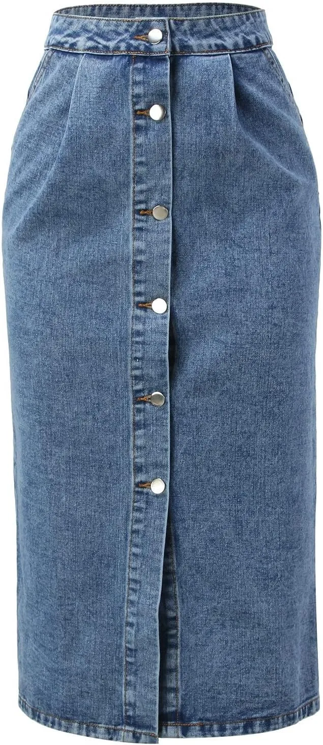 Denim Skirt for Women Slit High Waist Front Button Slim Stretchy Workout Casual Jean Midi Skirts for Summer Trendy