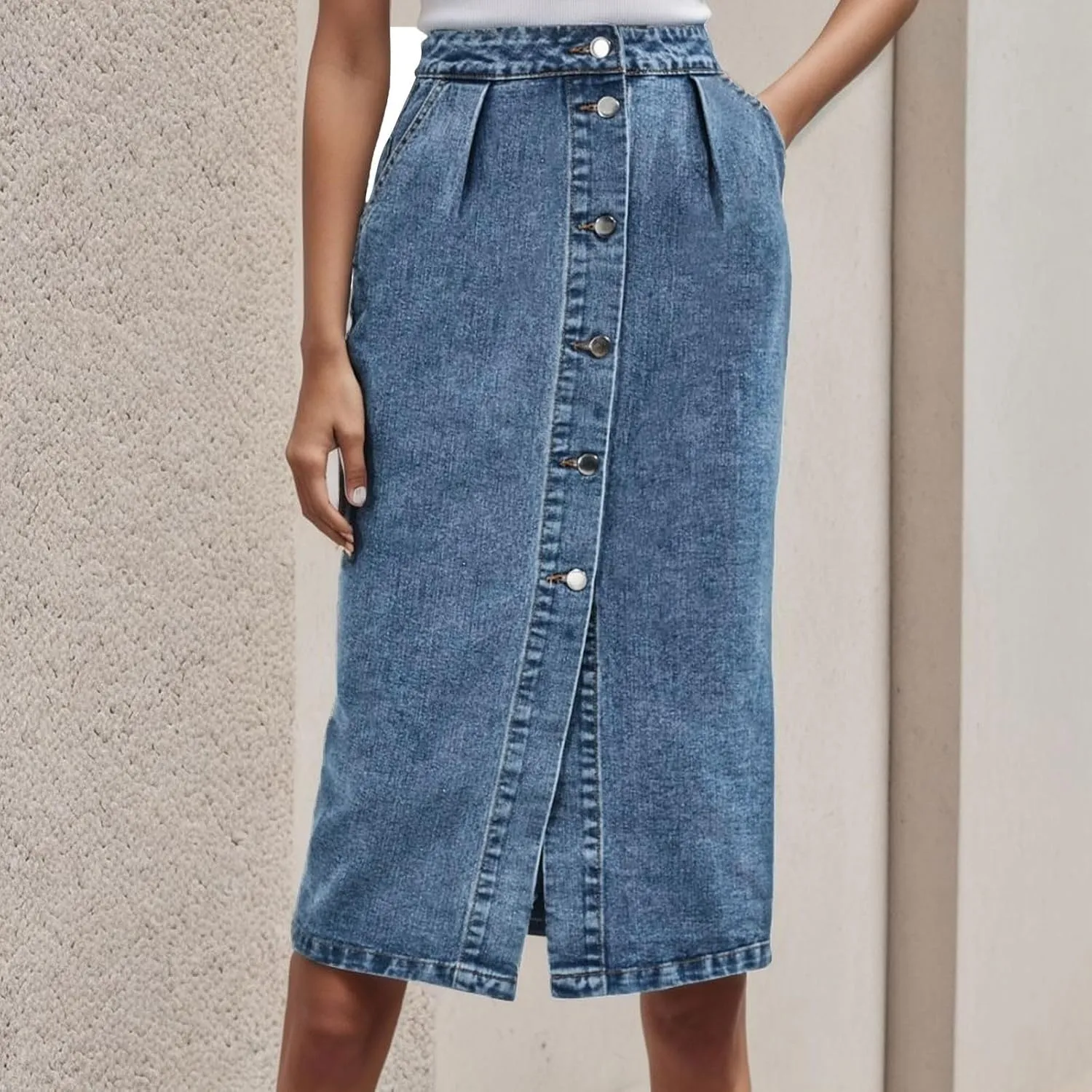 Denim Skirt for Women Slit High Waist Front Button Slim Stretchy Workout Casual Jean Midi Skirts for Summer Trendy
