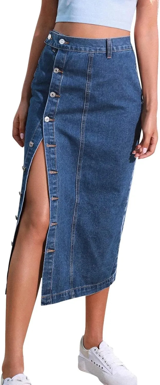 Denim Skirt Women Long Summer Skirts High Waist Long Denim Front Slit Long Skirt Stretch Used Look Button A-line Skirts