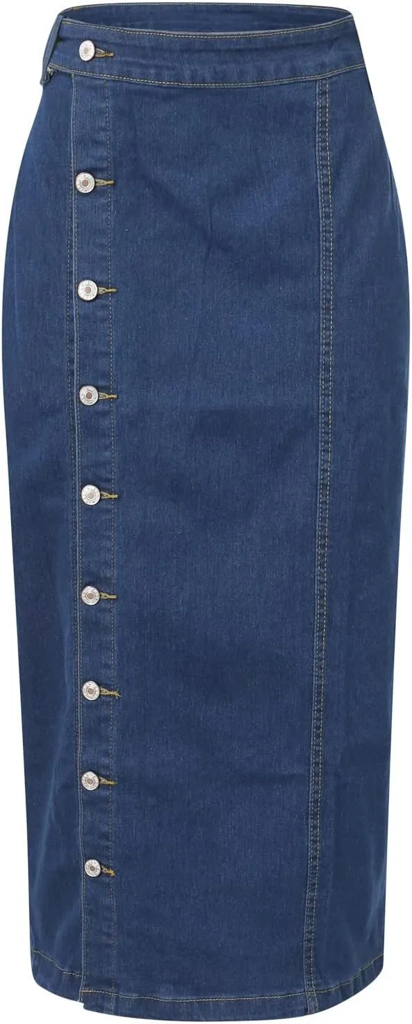Denim Skirt Women Long Summer Skirts High Waist Long Denim Front Slit Long Skirt Stretch Used Look Button A-line Skirts