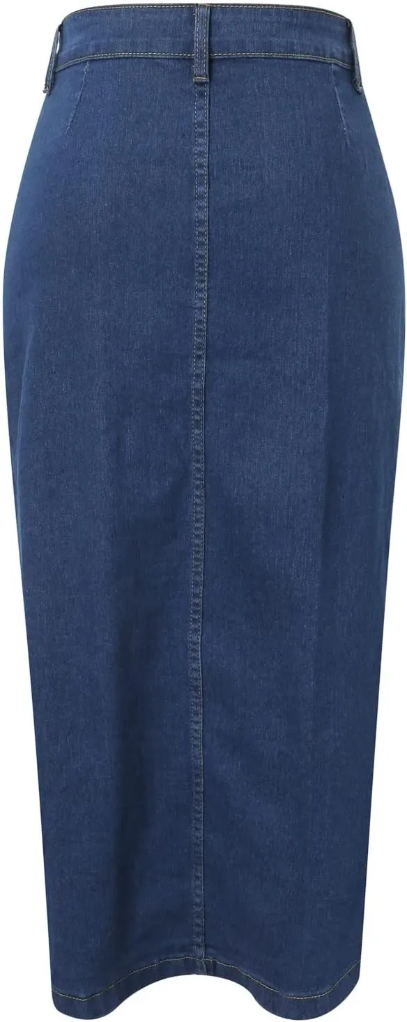 Denim Skirt Women Long Summer Skirts High Waist Long Denim Front Slit Long Skirt Stretch Used Look Button A-line Skirts