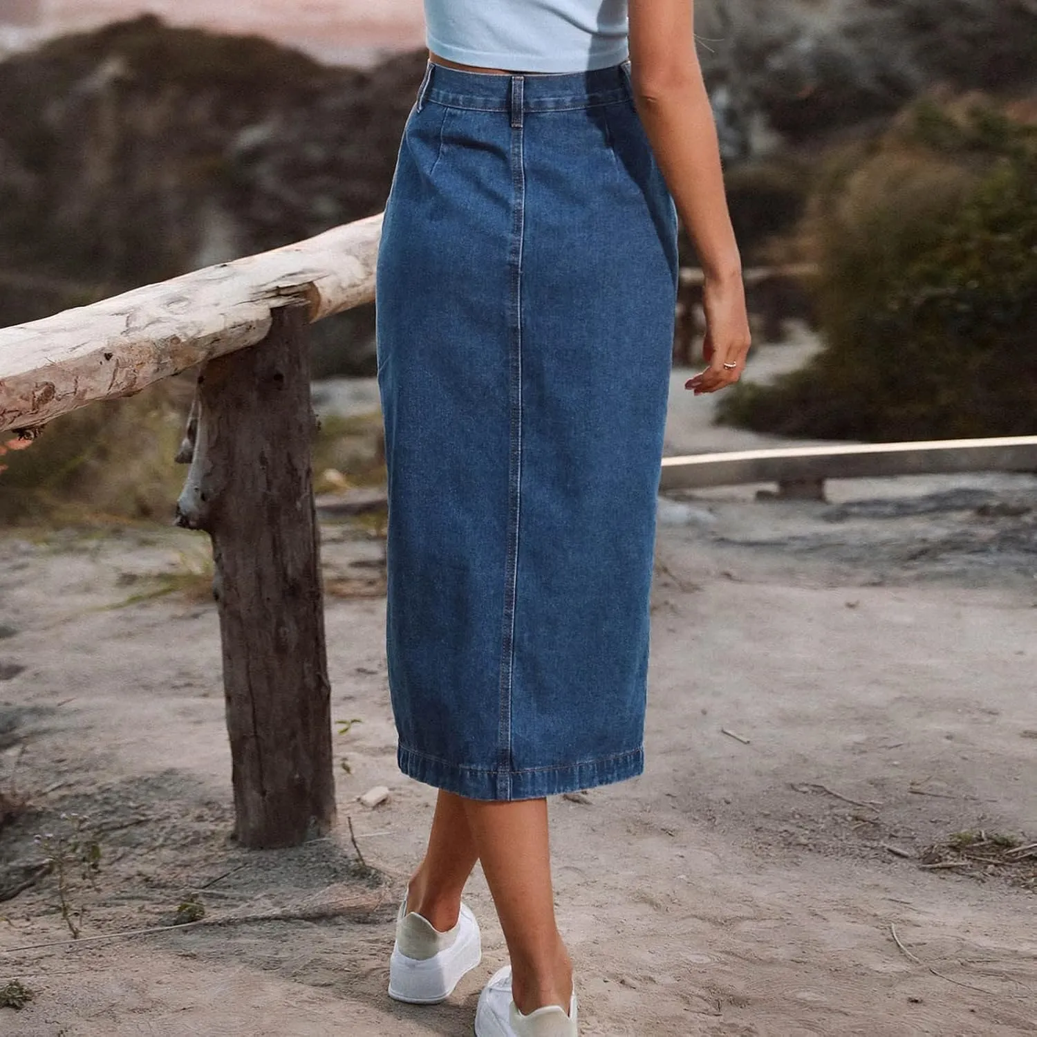 Denim Skirt Women Long Summer Skirts High Waist Long Denim Front Slit Long Skirt Stretch Used Look Button A-line Skirts