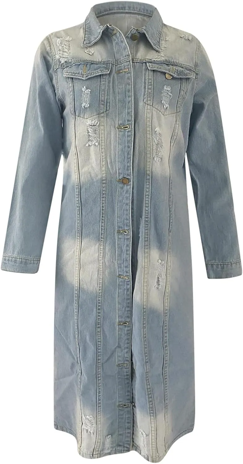 Denim Trench Coat Women Long Jean Jacket Plus Size Fashion Oversized Denim Jacket Casual Button Down Outerwear 2023