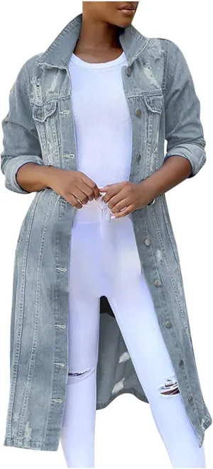 Denim Trench Coat Women Long Jean Jacket Plus Size Fashion Oversized Denim Jacket Casual Button Down Outerwear 2023
