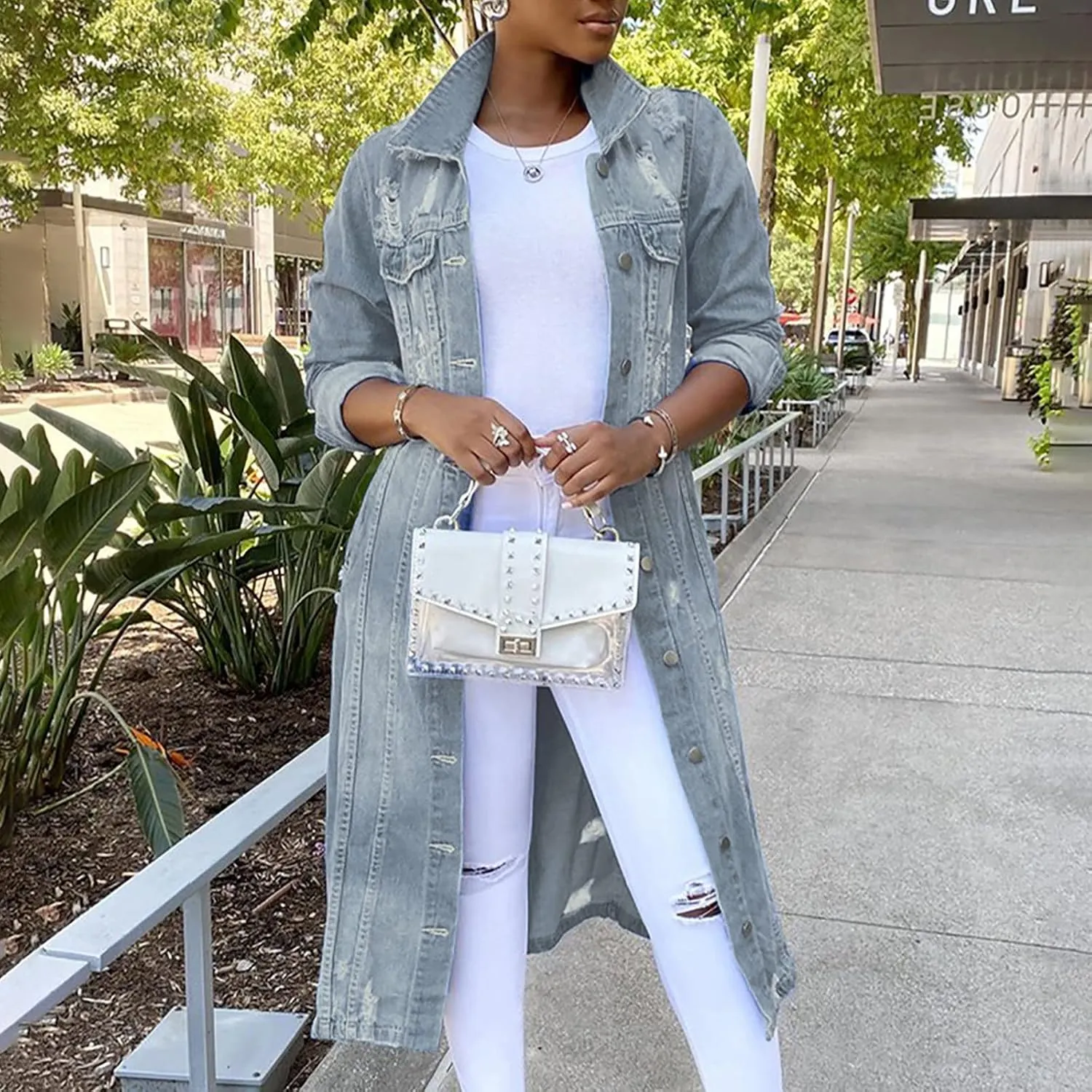 Denim Trench Coat Women Long Jean Jacket Plus Size Fashion Oversized Denim Jacket Casual Button Down Outerwear 2023