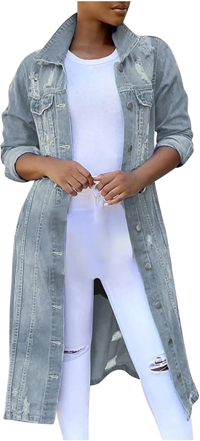 Denim Trench Coat Women Long Jean Jacket Plus Size Fashion Oversized Denim Jacket Casual Button Down Outerwear 2023